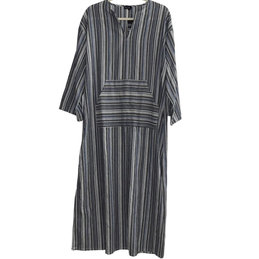 SUNNYME Blue Multicolor Linen Blend Striped Dress Large
